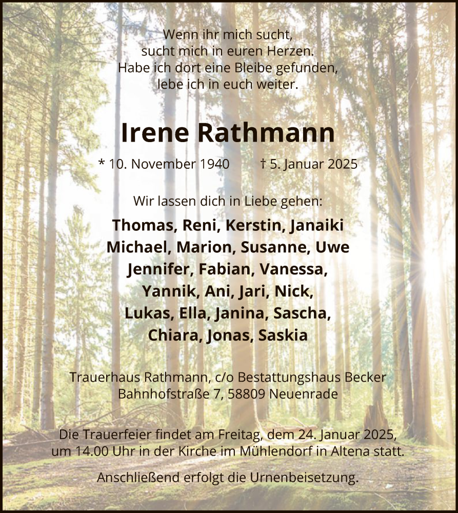  Traueranzeige für Irene Rathmann vom 11.01.2025 aus WA