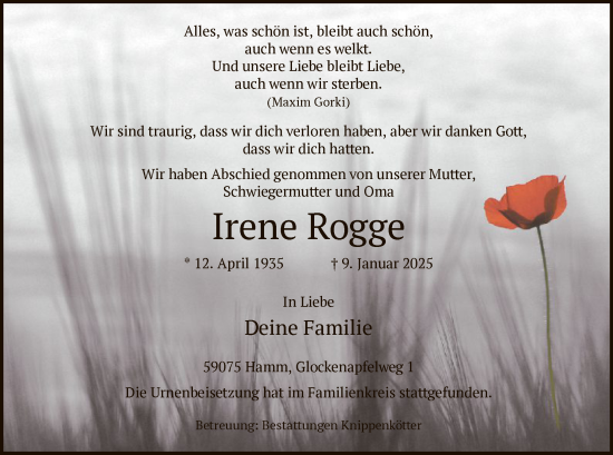 Traueranzeige von Irene Rogge von WA