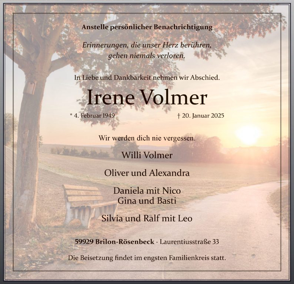  Traueranzeige für Irene Volmer vom 25.01.2025 aus WA