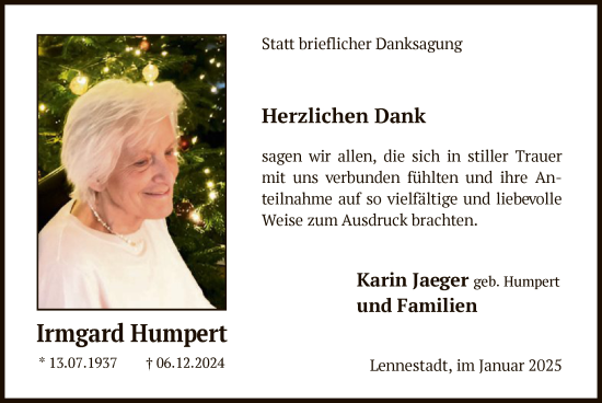 Traueranzeige von Irmgard Humpert von WA