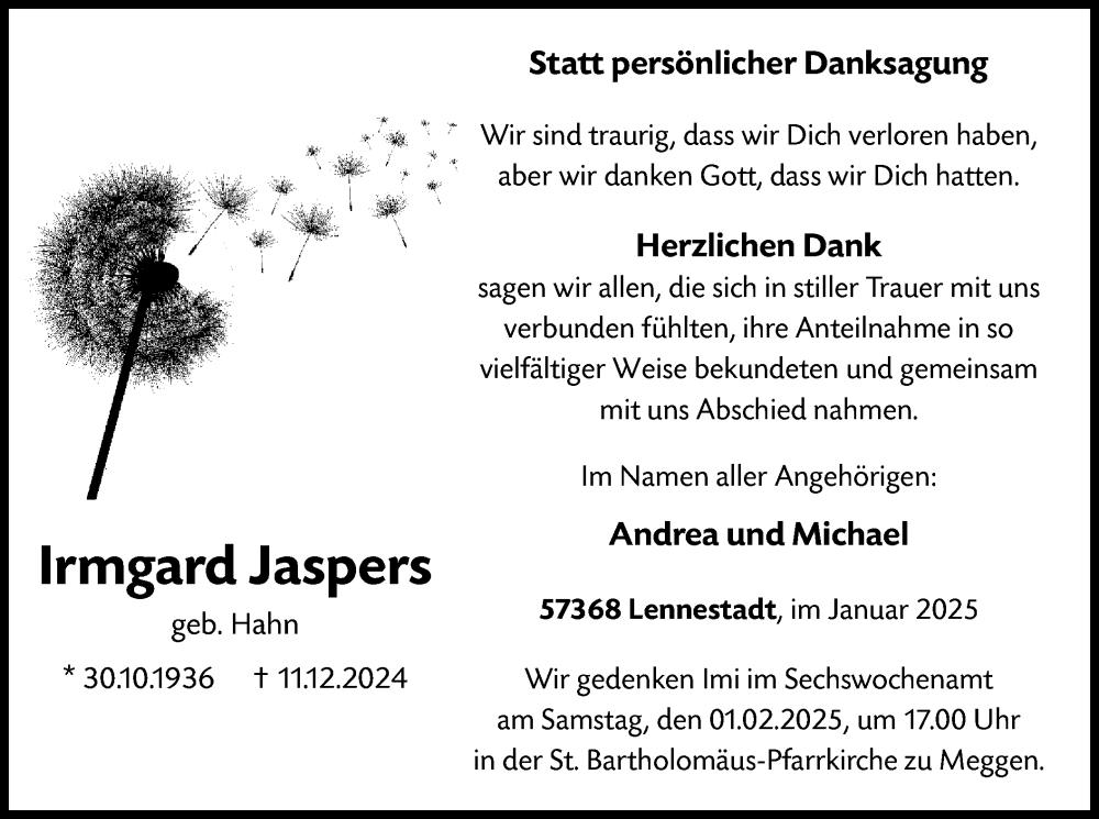  Traueranzeige für Irmgard Jaspers vom 25.01.2025 aus WA