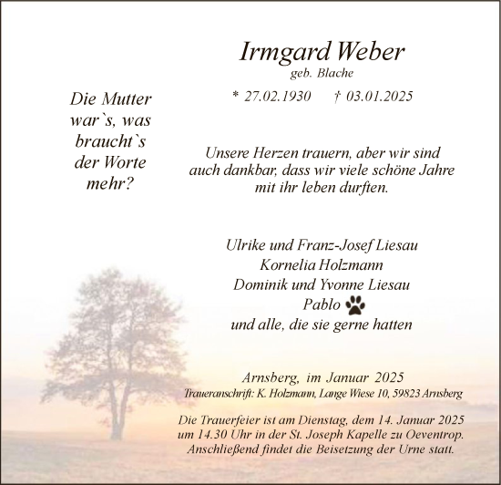 Traueranzeige von Irmgard Weber von WA