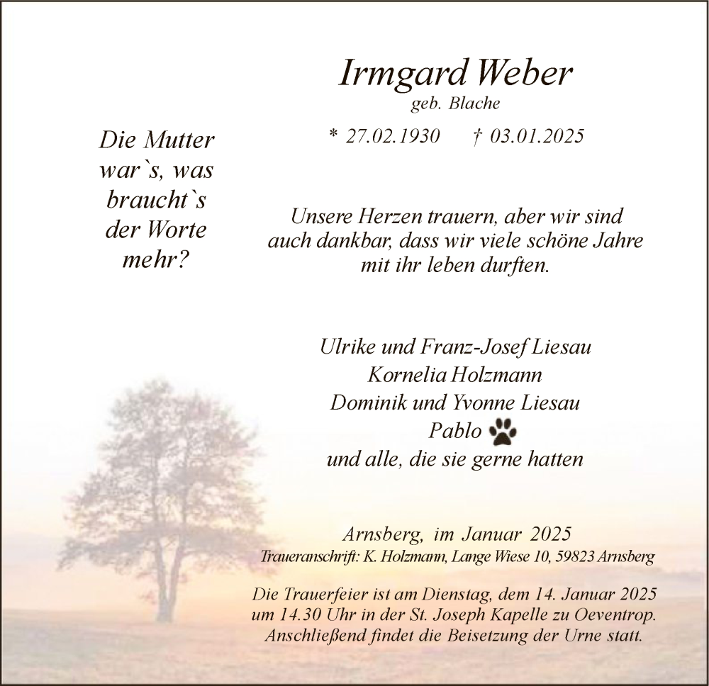  Traueranzeige für Irmgard Weber vom 11.01.2025 aus WA