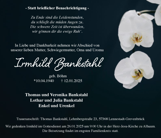 Traueranzeige von Irmhild Bankstahl von WA