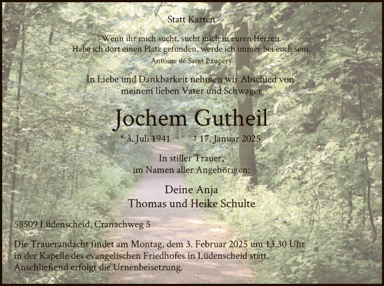 Traueranzeige von Jochem Gutheil von WA