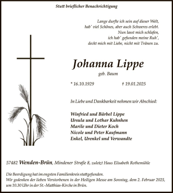 Traueranzeige von Johanna Lippe von WA