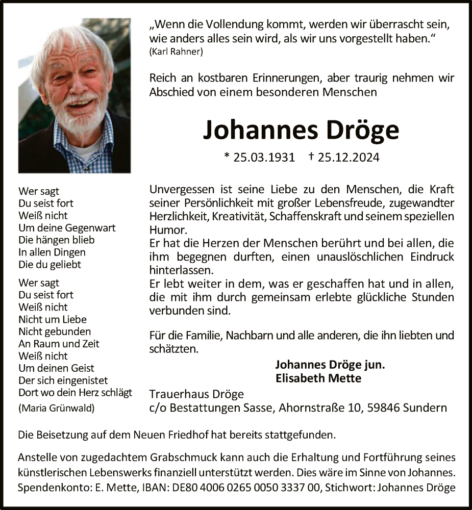  Traueranzeige für Johannes Dröge vom 04.01.2025 aus WA