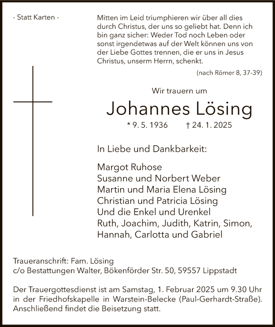 Traueranzeige von Johannes Lösing von WA