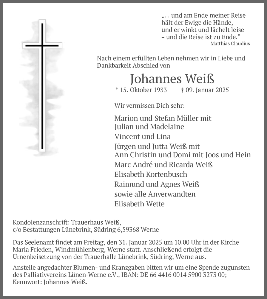  Traueranzeige für Johannes Weiß vom 18.01.2025 aus WA