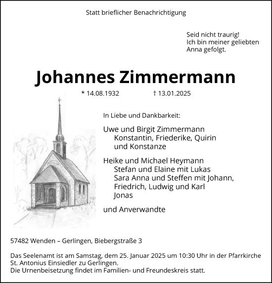 Traueranzeige von Johannes Zimmermann von WA