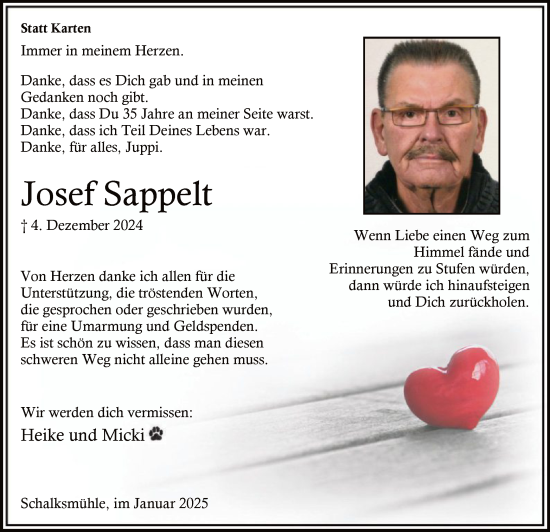 Traueranzeige von Josef Sappelt von WA