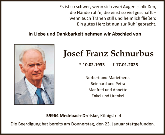 Traueranzeige von Josef Franz Schnurbus von WA