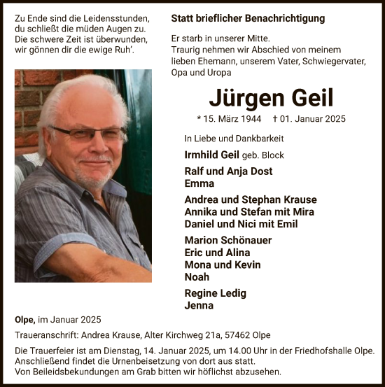 Traueranzeige von Jürgen Geil von WA