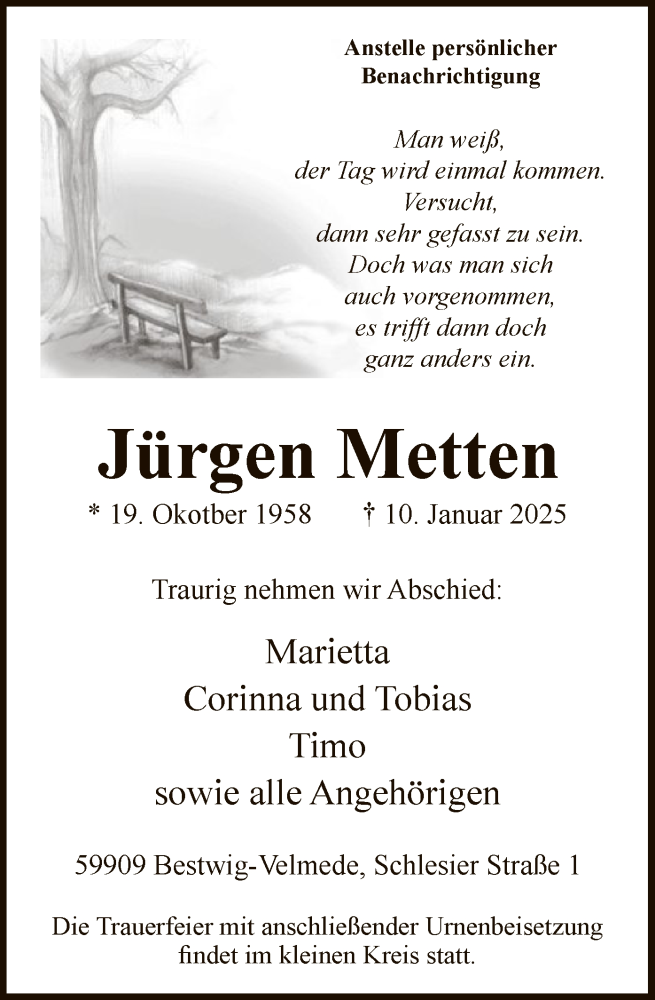  Traueranzeige für Jürgen Metten vom 18.01.2025 aus WA