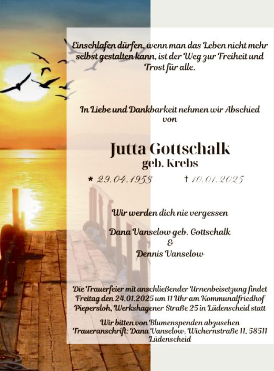 Traueranzeige von Jutta Gottschalk von WA