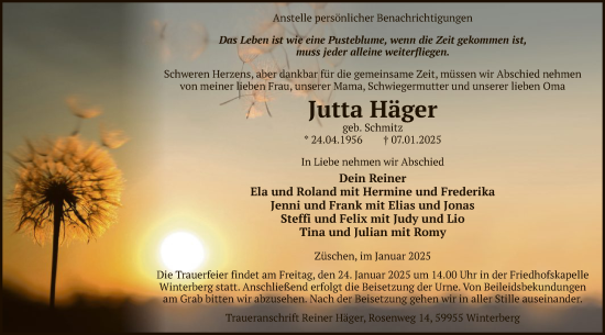 Traueranzeige von Jutta Häger von WA