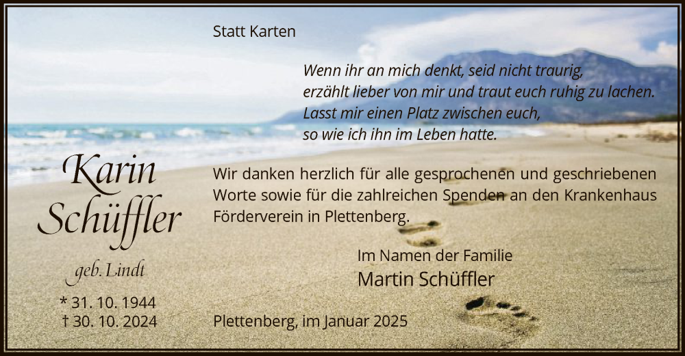  Traueranzeige für Karin Schüffler vom 17.01.2025 aus WA