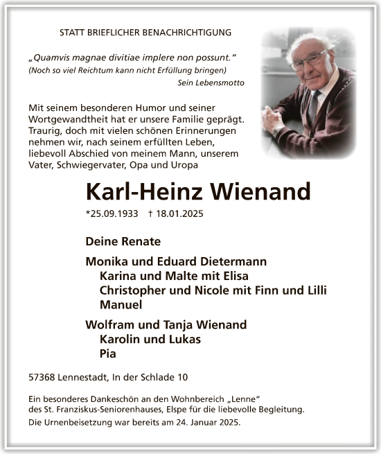 Traueranzeige von Karl-Heinz Wienand von WA