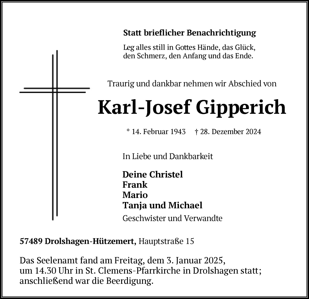  Traueranzeige für Karl-Josef Gipperich vom 04.01.2025 aus WA