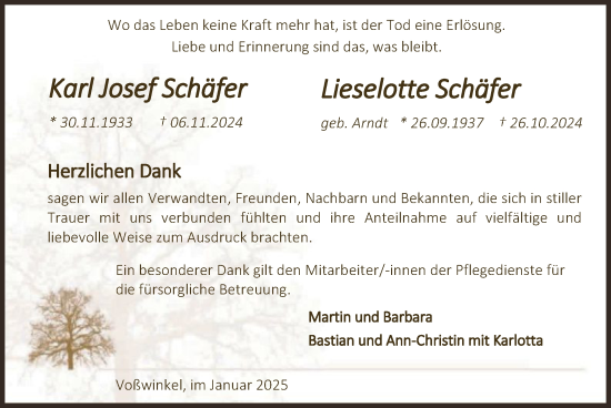 Traueranzeige von Karl Josef und Lieselotte Schäfer von WA