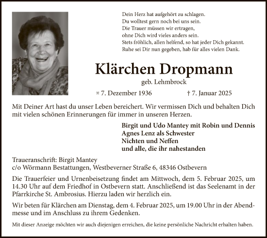 Traueranzeige von Klärchen Dropmann von WA