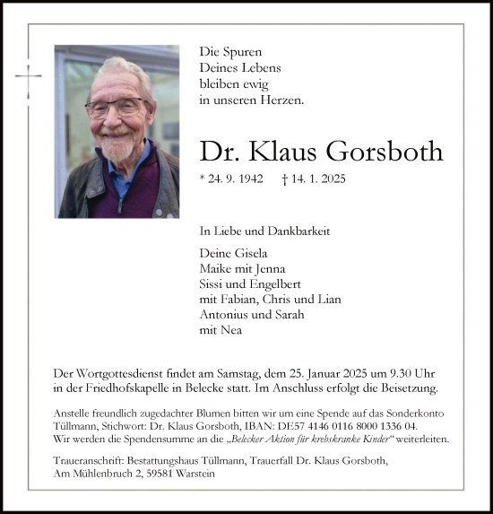 Traueranzeige von Klaus Gorsboth von WA