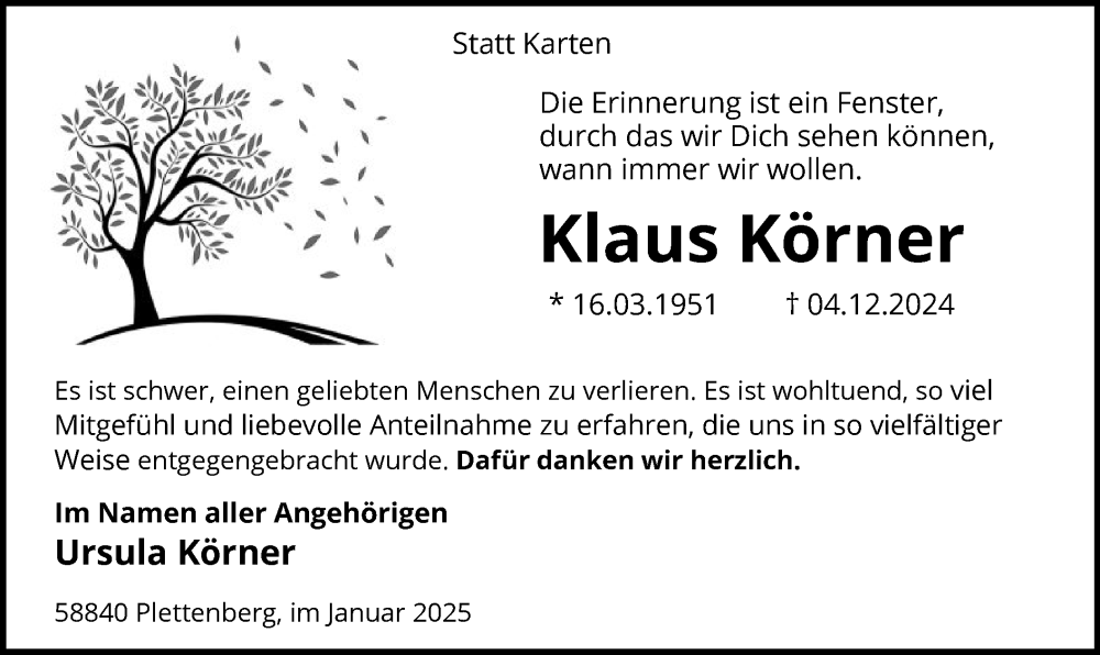  Traueranzeige für Klaus Körner vom 18.01.2025 aus WA