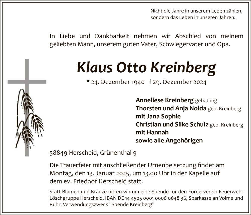 Traueranzeige für Klaus Otto Kreinberg vom 07.01.2025 aus WA