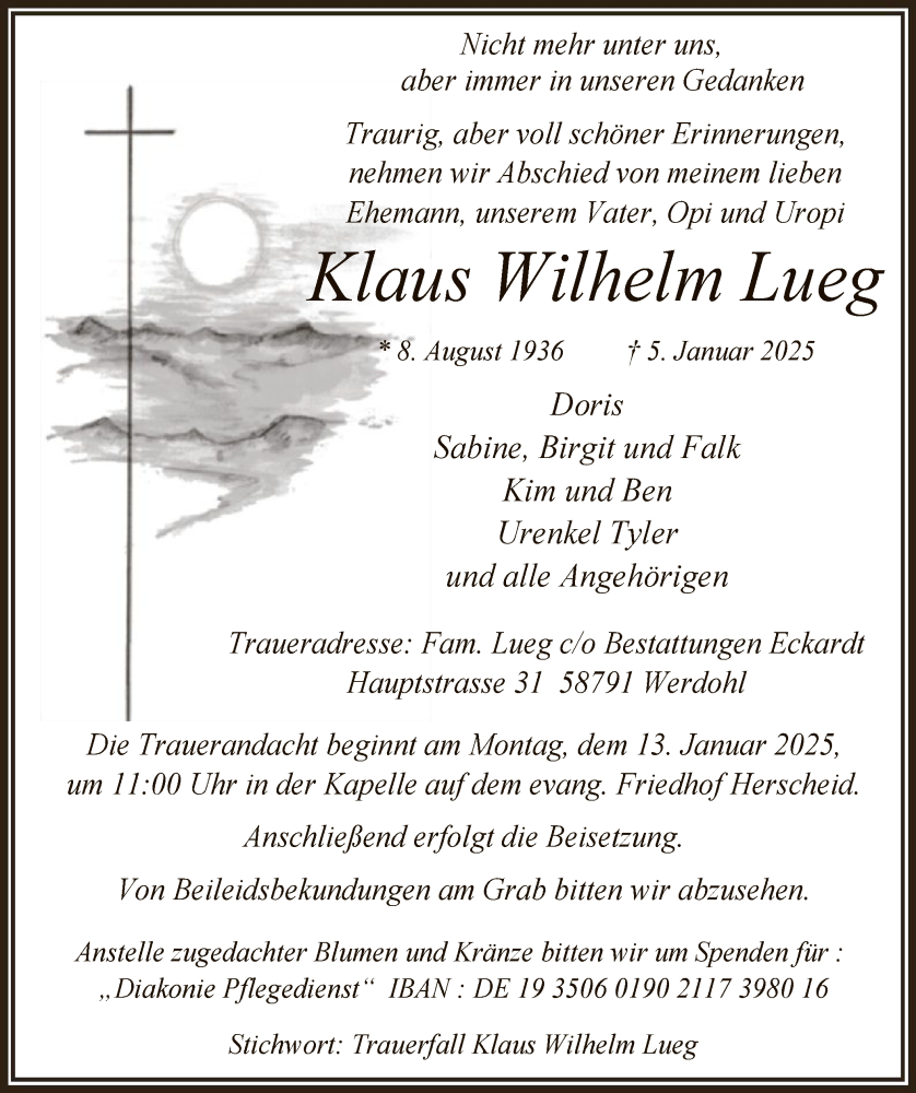  Traueranzeige für Klaus Wilhelm Lueg vom 11.01.2025 aus WA