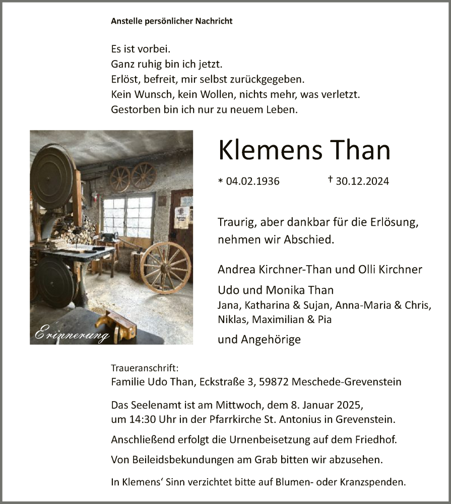  Traueranzeige für Klemens Than vom 04.01.2025 aus WA