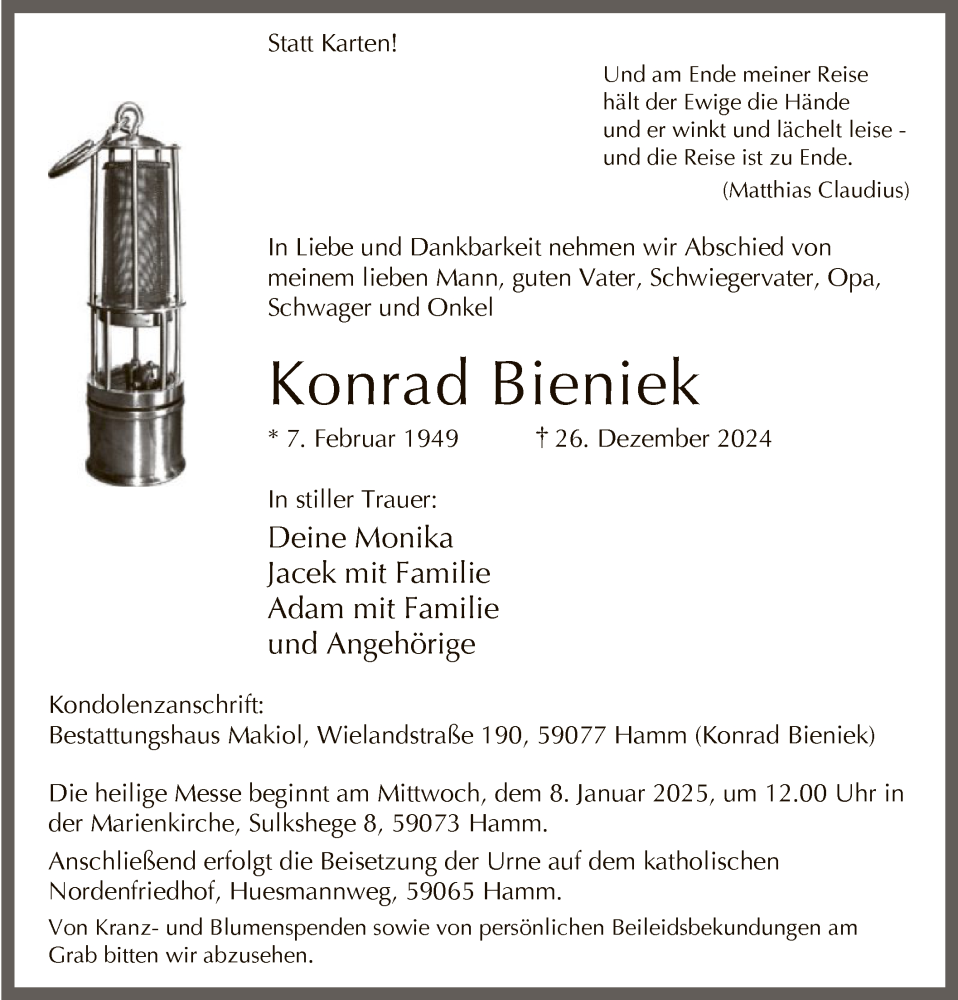  Traueranzeige für Konrad Bieniek vom 04.01.2025 aus WA