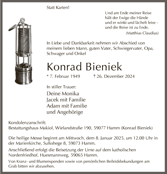 Traueranzeige von Konrad Bieniek von WA