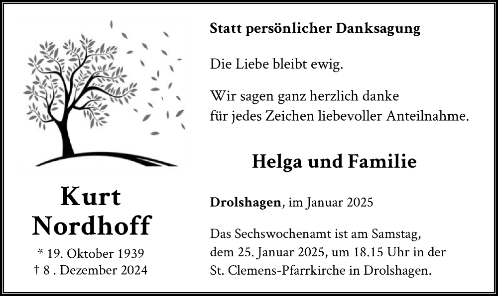  Traueranzeige für Kurt Nordhoff vom 18.01.2025 aus WA