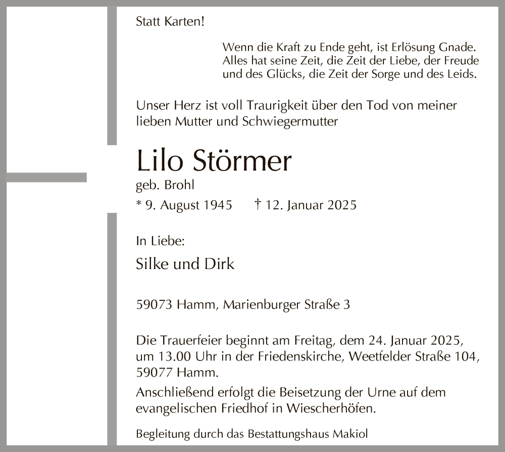  Traueranzeige für Lilo Störmer vom 18.01.2025 aus WA