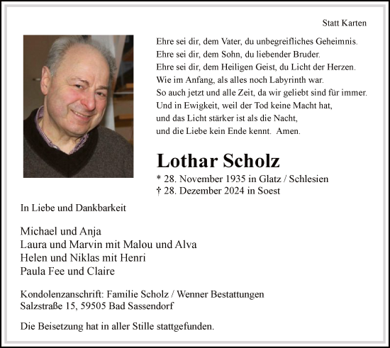 Traueranzeige von Lothar Scholz von WA