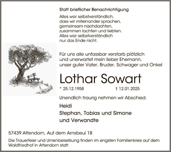 Traueranzeige von Lothar Sowart von WA