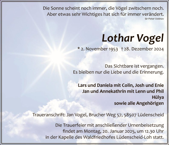 Traueranzeige von Lothar Vogel von WA