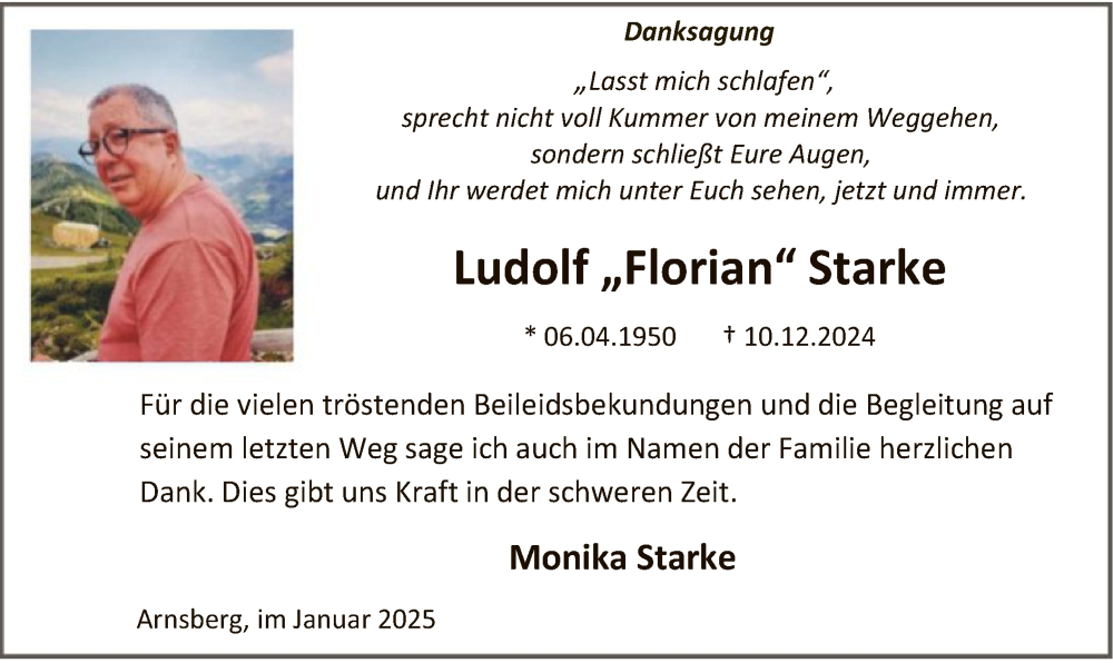 Traueranzeige für Ludolf Starke vom 18.01.2025 aus WA