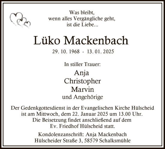 Traueranzeige von Lüko Mackenbach von WA