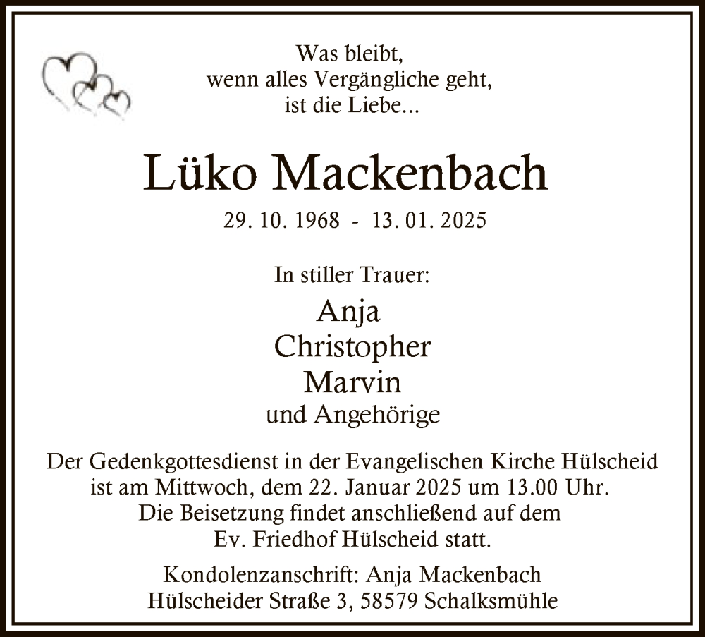  Traueranzeige für Lüko Mackenbach vom 18.01.2025 aus WA