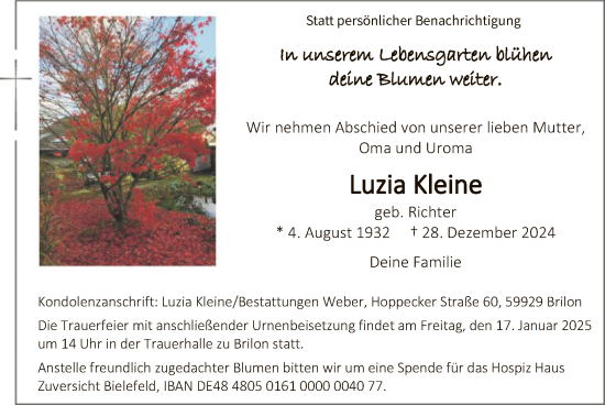 Traueranzeige von Luzia Kleine von WA