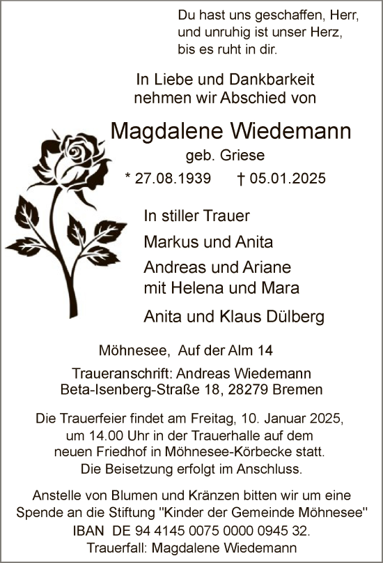 Traueranzeige von Magdalene Wiedemann von WA