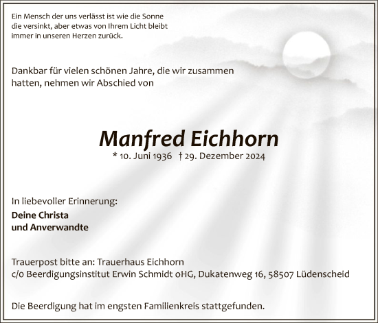 Traueranzeige von Manfred Eichhorn von WA