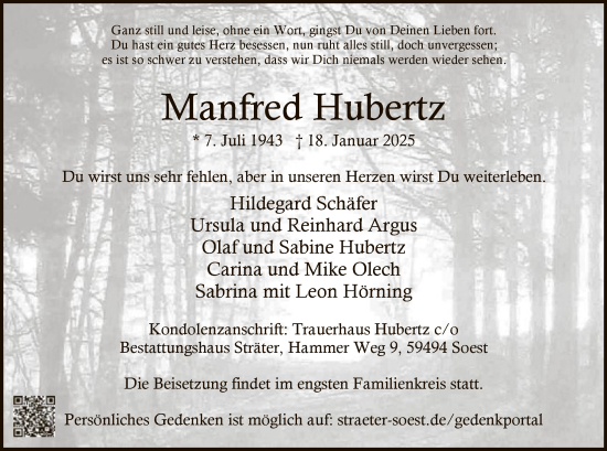 Traueranzeige von Manfred Hubertz von WA