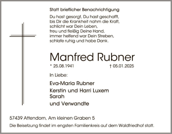 Traueranzeige von Manfred Rubner von WA