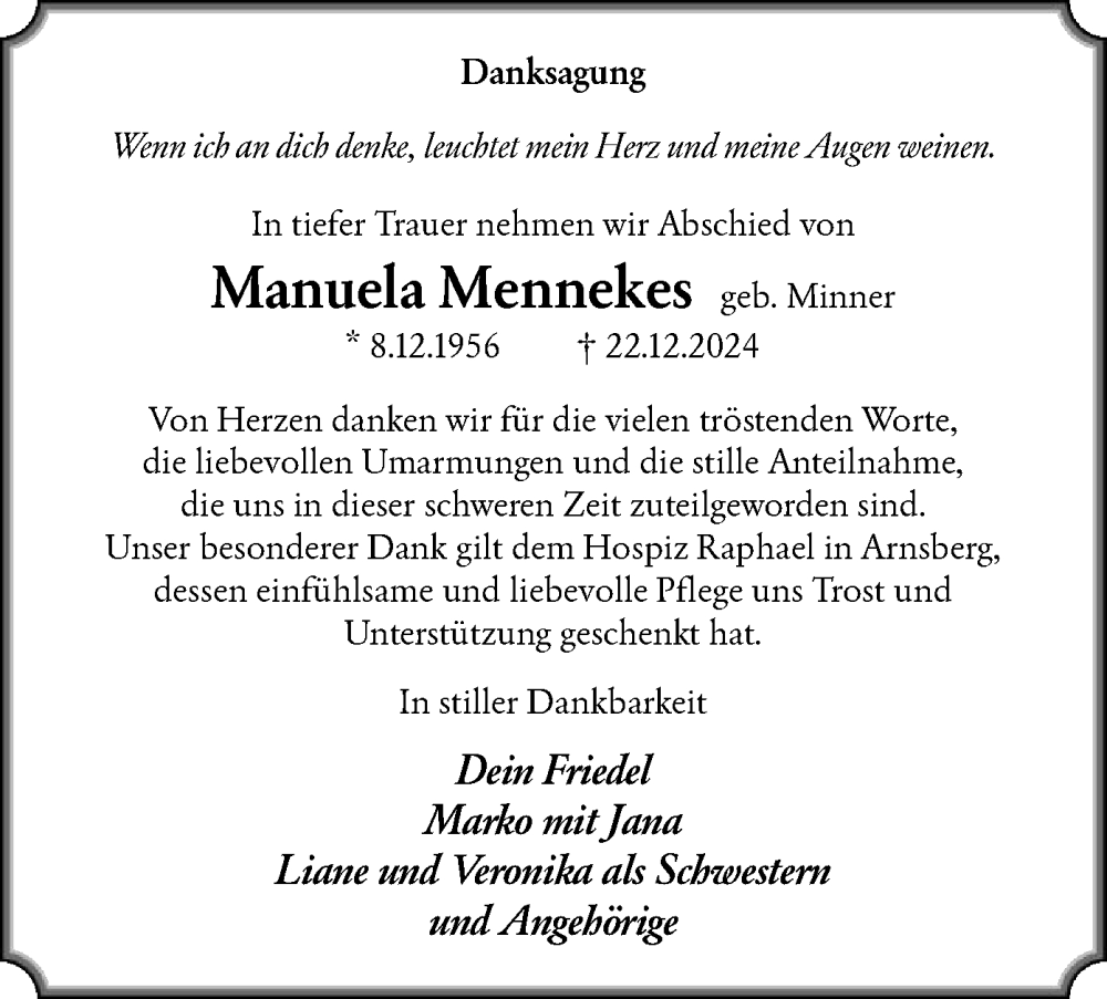  Traueranzeige für Manuela Mennekes vom 25.01.2025 aus WA