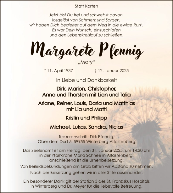 Traueranzeige von Margarete Pfennig von WA