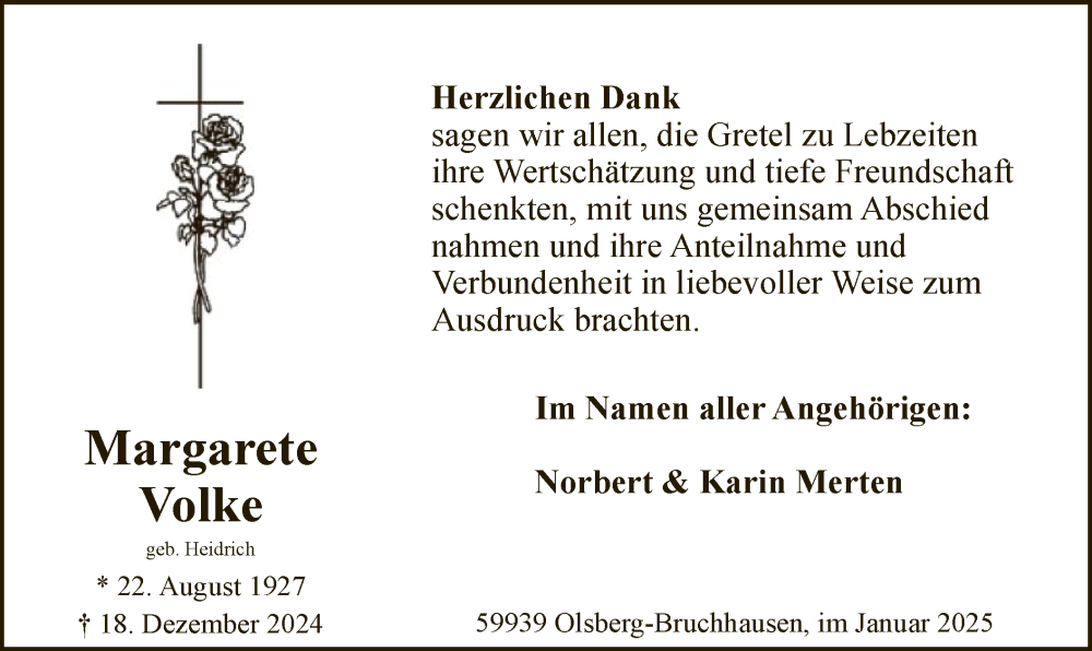  Traueranzeige für Margarete Volke vom 18.01.2025 aus WA
