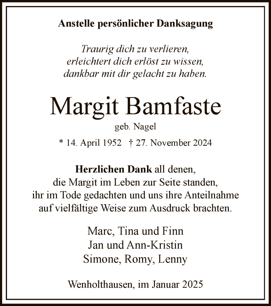  Traueranzeige für Margit Bamfaste vom 11.01.2025 aus WA