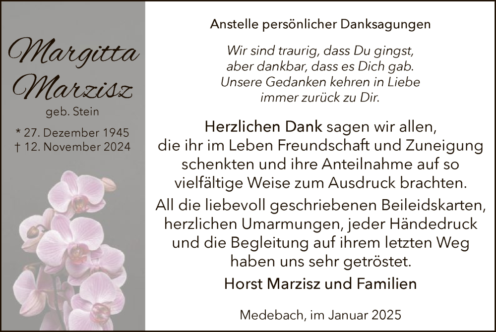  Traueranzeige für Margitta Marzisz vom 25.01.2025 aus WA
